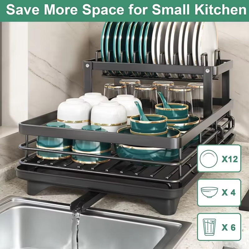 2-Tier Metal Dish Drying Rack – Black Kitchen Counter Dish Drainer with Drainboard, Space-Saving Storage Organizer