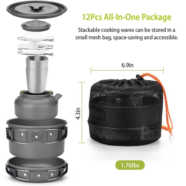 Portable Camping Pot & Pan Set – 12PCS