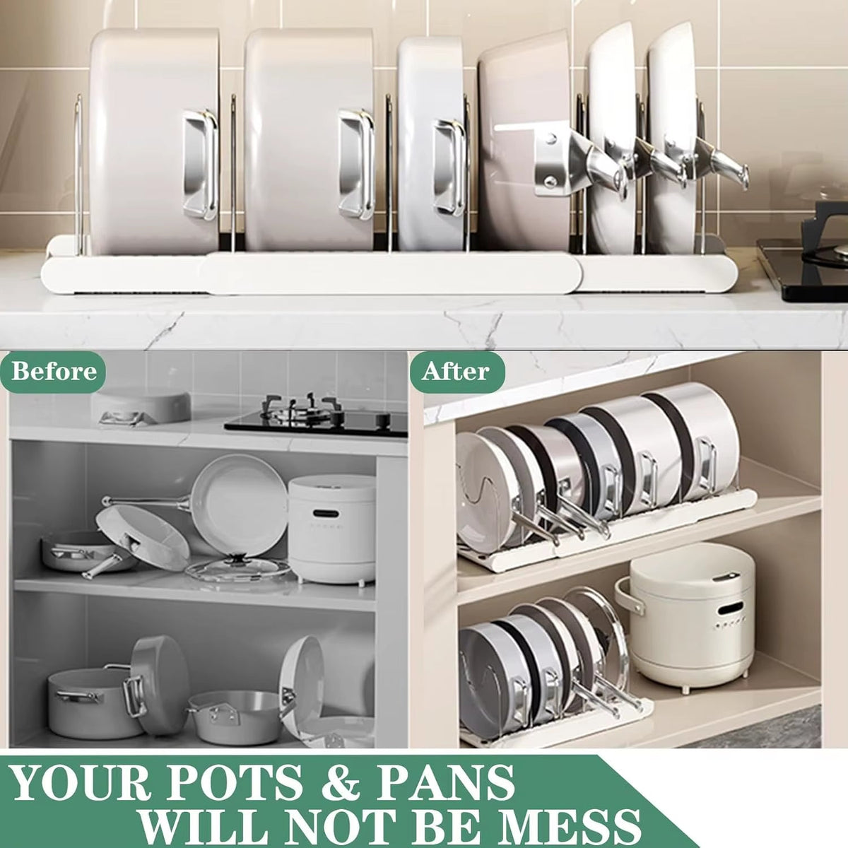 Expandable Pans Organizer Rack Kitchen Cabinet Pan Rack Utensil Rack, Dish Drainer Space-Saving Cabinet Storage Rack Christmas