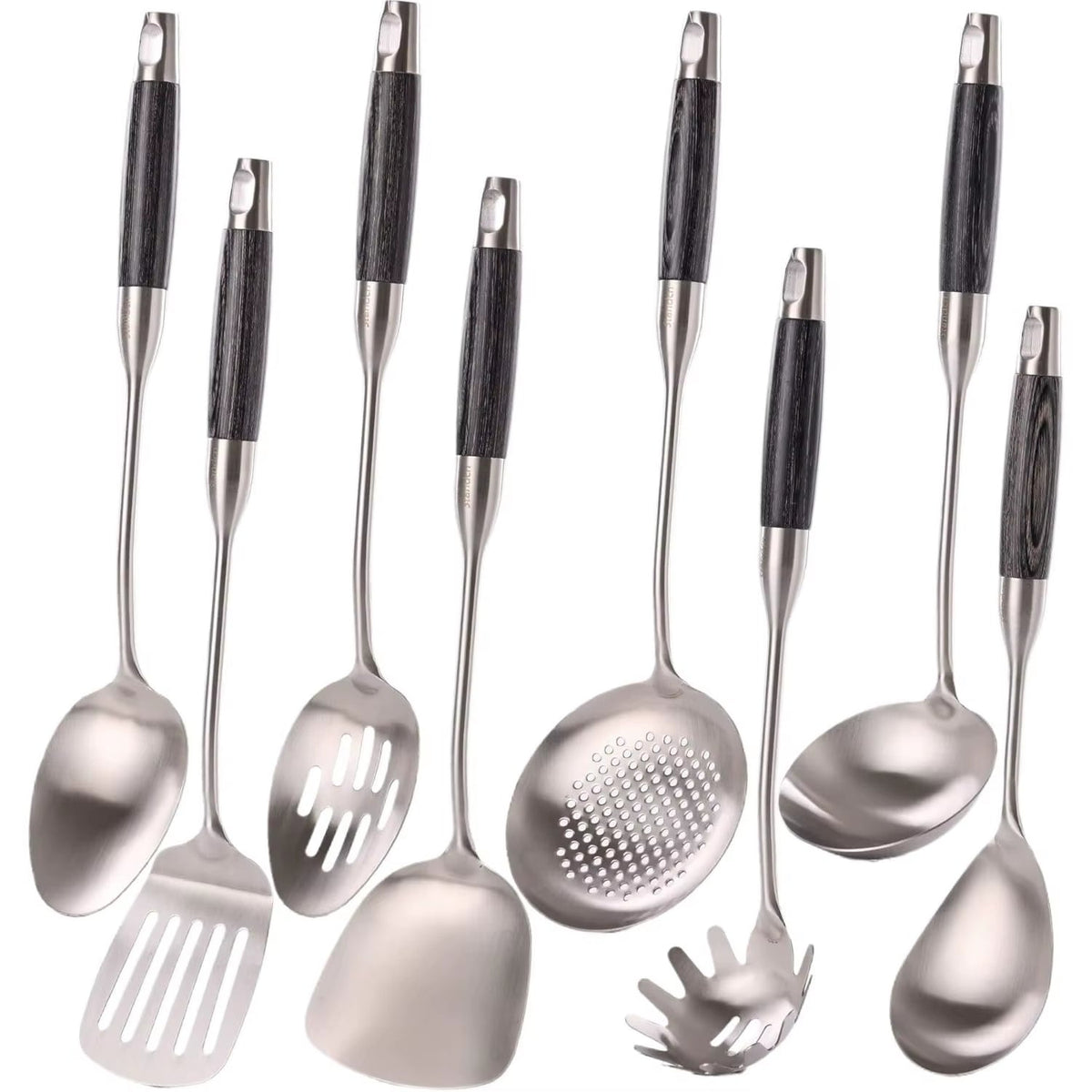 18/10 Stainless Steel Kitchen Utensils Set with Wooden Handle, 8Pcs 15” Long Cooking Utensil Set & Kitchen Gadgets Cookware Set