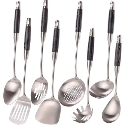 18/10 Stainless Steel Kitchen Utensils Set with Wooden Handle, 8Pcs 15” Long Cooking Utensil Set & Kitchen Gadgets Cookware Set