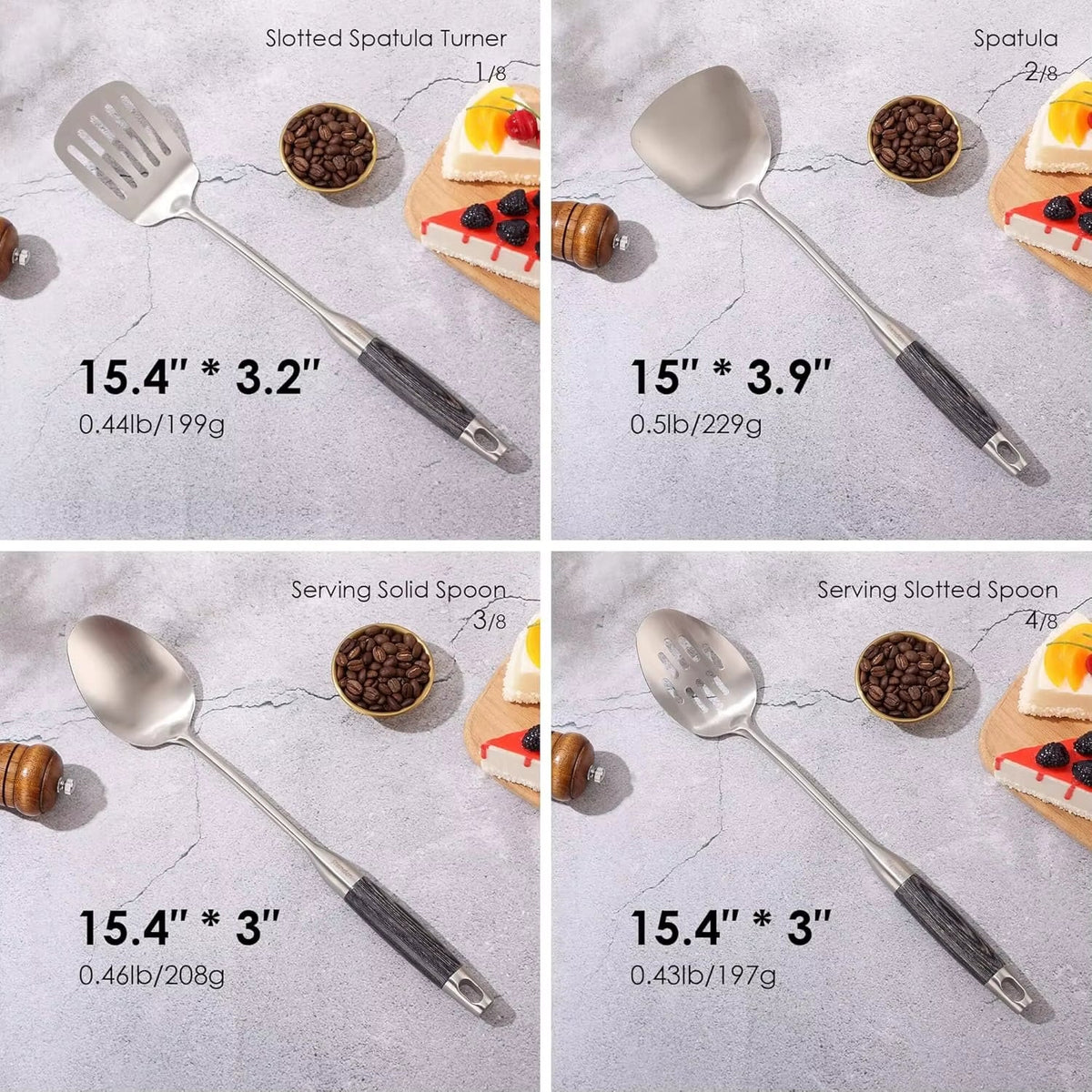 18/10 Stainless Steel Kitchen Utensils Set with Wooden Handle, 8Pcs 15” Long Cooking Utensil Set & Kitchen Gadgets Cookware Set