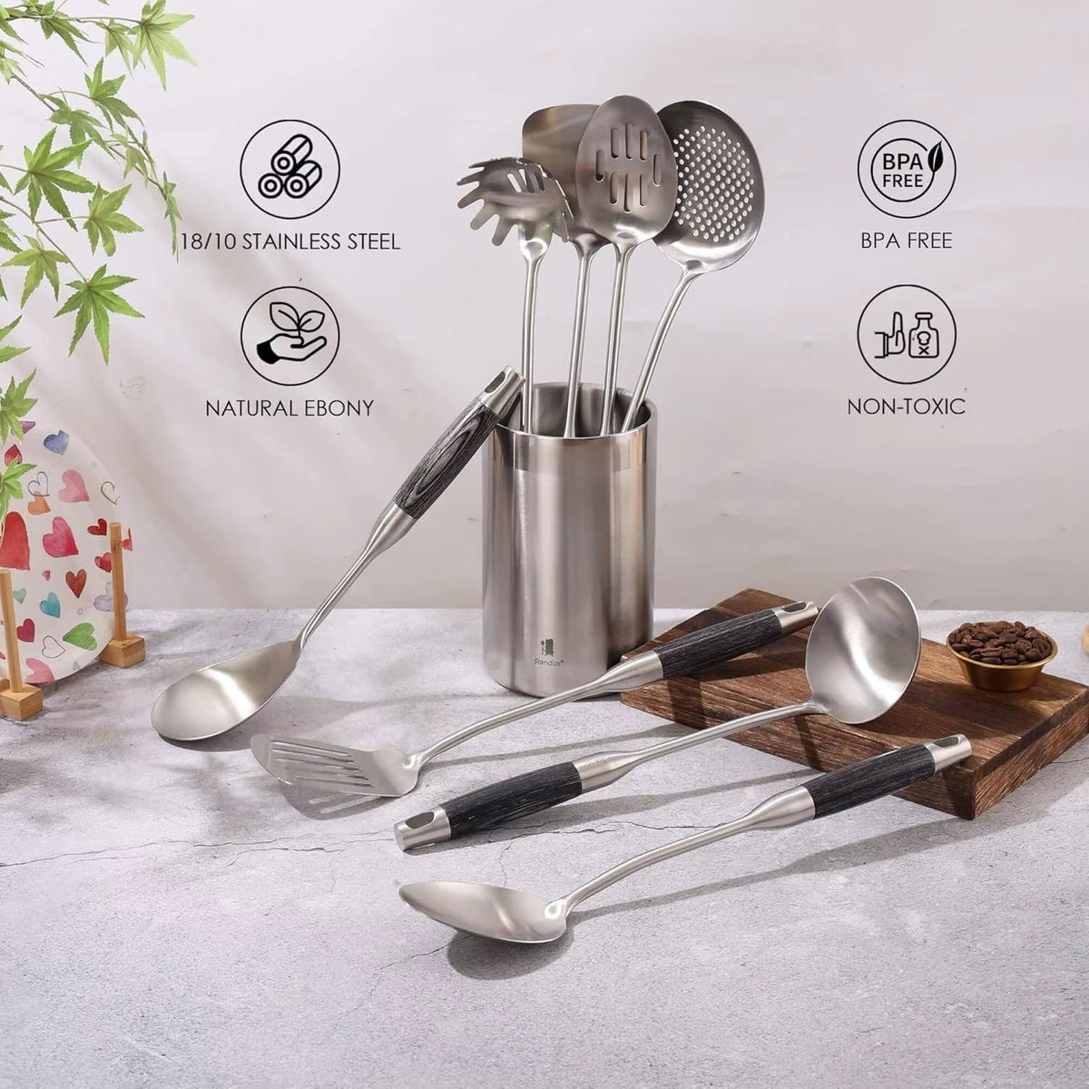 18/10 Stainless Steel Kitchen Utensils Set with Wooden Handle, 8Pcs 15” Long Cooking Utensil Set & Kitchen Gadgets Cookware Set