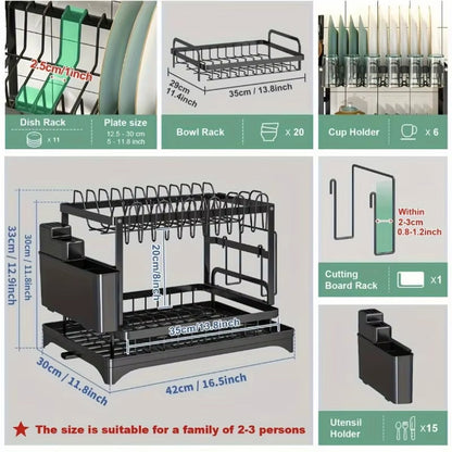 2-Tier Metal Dish Drying Rack – Black Kitchen Counter Dish Drainer with Drainboard, Space-Saving Storage Organizer