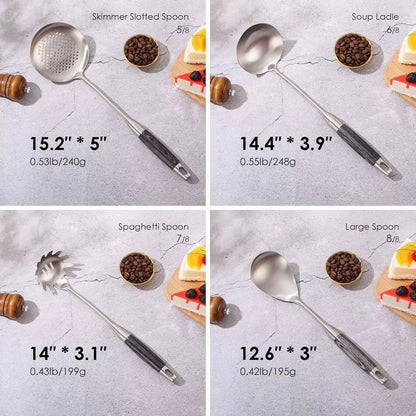 18/10 Stainless Steel Kitchen Utensils Set with Wooden Handle, 8Pcs 15” Long Cooking Utensil Set & Kitchen Gadgets Cookware Set